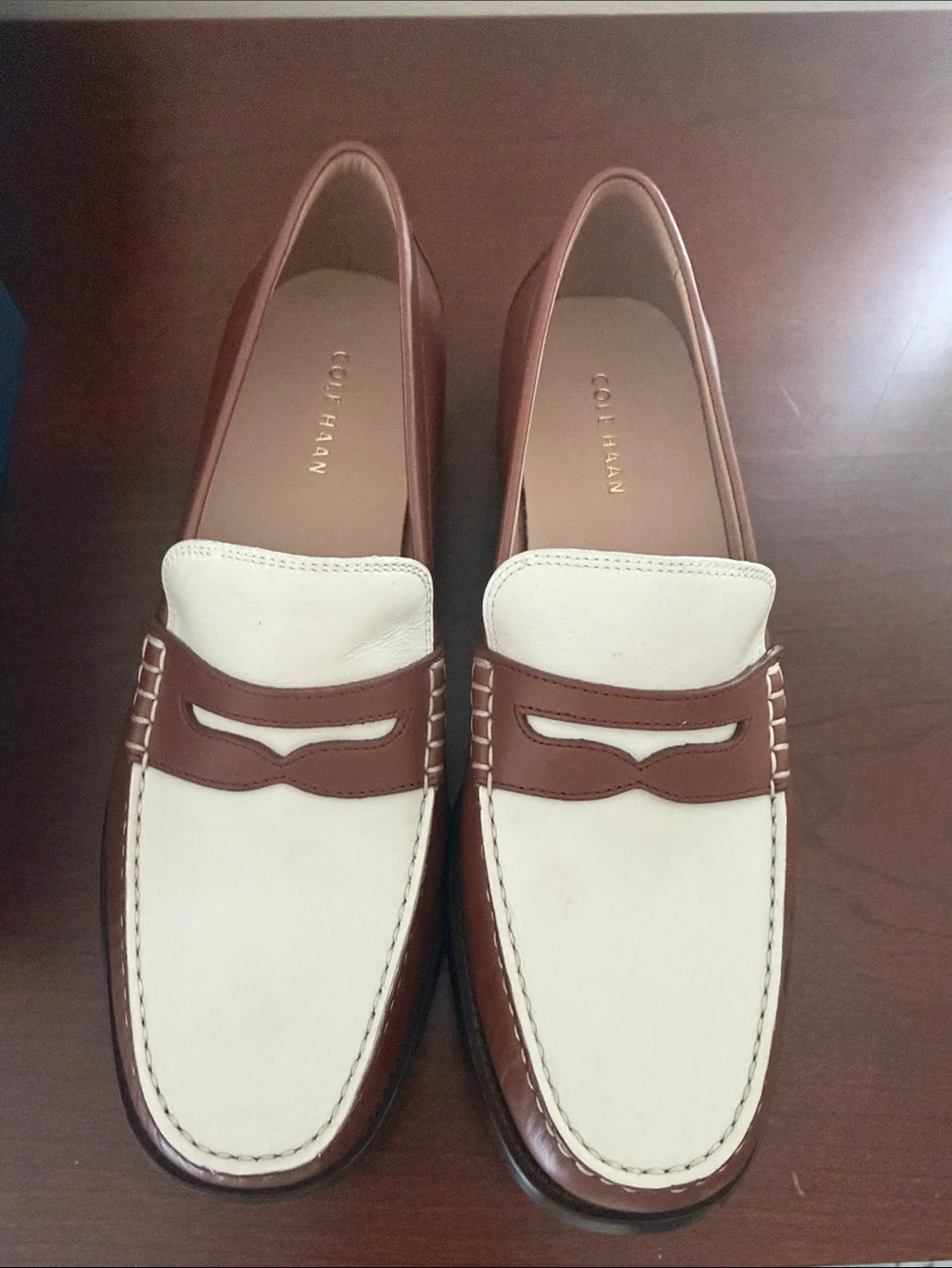 Cole Haan Brown and Cream Leather Penny Loafers